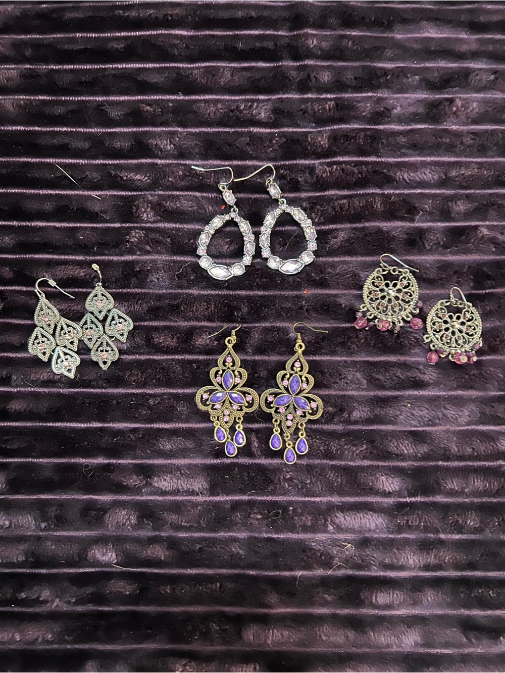 FOUR pair of Purple Crystal Drop Filigree Earrings - Unbranded